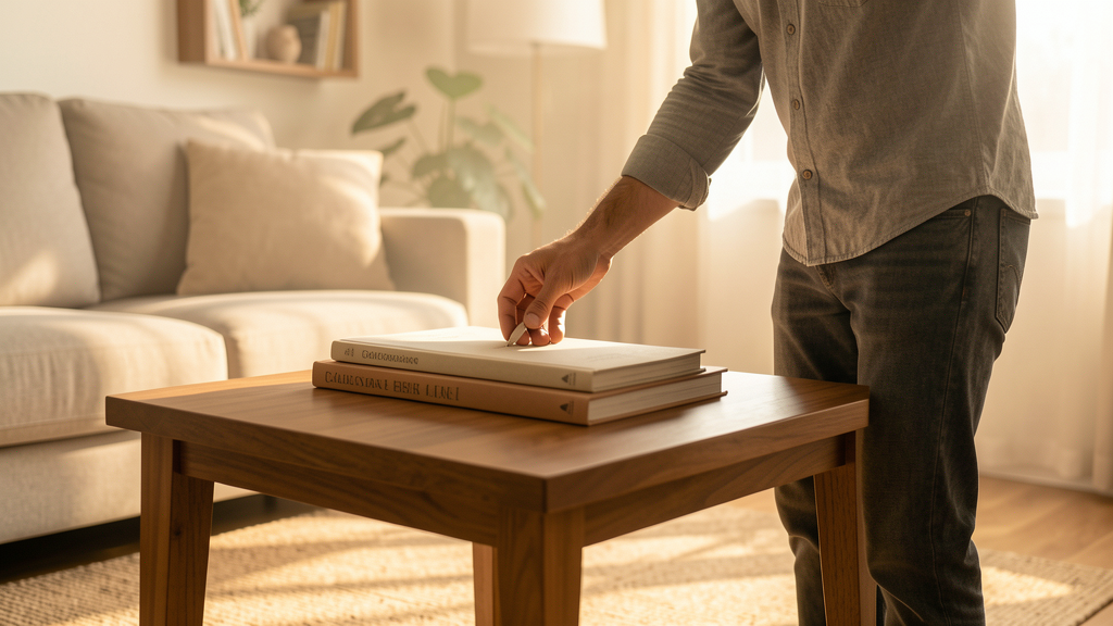 Detalhe fotográfico relacionado a Cálculo Ergonômico: A Altura Exata da Mesa de Centro que Seu Ombro Agradece